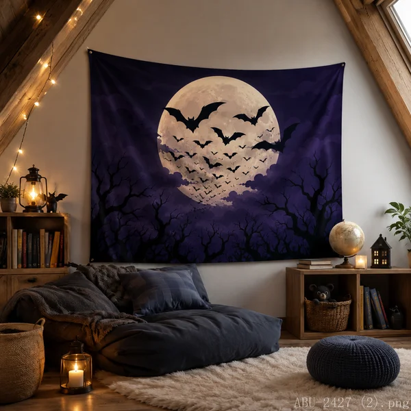 VIKAMA Spooky Forest Bat Tapestry Full Moon Dead Tree Purple Cloud Wall Hanging Gothic Halloween Aesthetic Room Decor