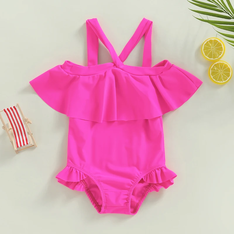 Yiiciovy Traje de baño con volantes para niñas pequeñas, traje de baño encantador para niños pequeños, ropa de playa, bonito traje de baño sin mangas con hombros descubiertos