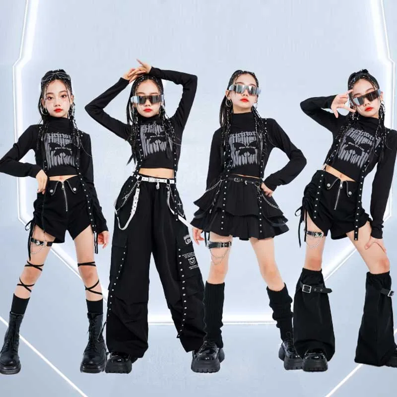 Jazz Dance Costume Girls Kpop Fashion Clothes Kids Hip Hop Clothing Children Runways Show Stage Costume Black Skirt Pants 883