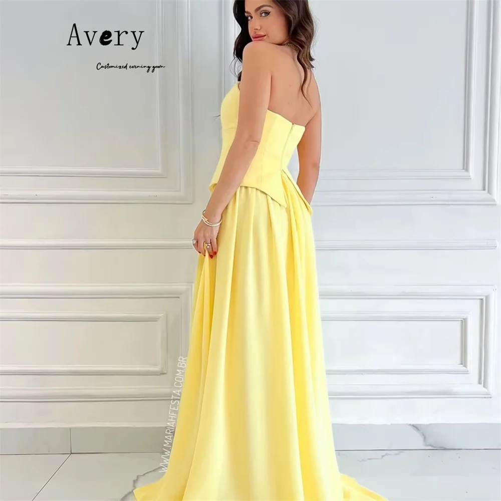 Avery personalizado amarillo sin mangas fuera del hombro una línea vestido de fiesta de las mujeres vestidos elegante vestido de noche de boda de lujo 2025 lujoso