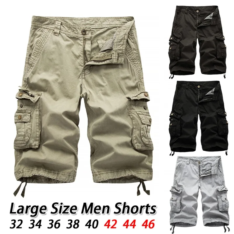 Men\'s Work Shorts Summer Fashion Solid Color Casual Multi-pocket Button Zipper Beach Pants Military Combat Five Pants