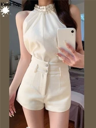 Korean Fashion 2 Piece Pants Set for Women Elegant Sleeveless Blouse Hight Waist Solid Shorts Suits Y2K Office Lady Clothing