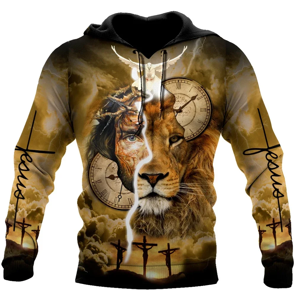 Men's Autumn Animal Lions and Jesus elements printed pattern Long sleeve hoodie Men's fashion trend hoodie fall casual hoodie