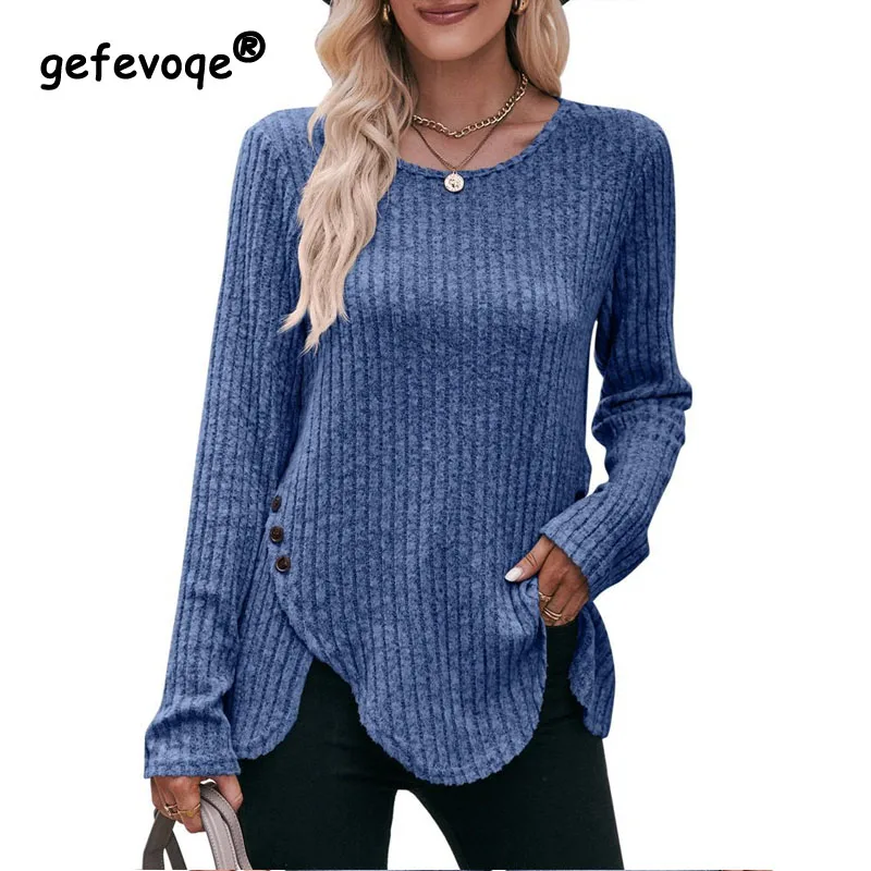 

2023 Autumn New Fashion Women's Round Neck Pit Stripe Brushed Elegant Comfortable Solid Color Top Long Sleeve Button T-shirt