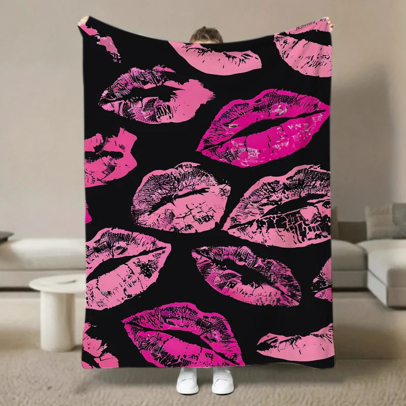Trendy Pop‑Art Throw Blanket  Hot Pink Kiss Lips Distressed Stylish Pattern Decor Blanket for Indoor Couch Sofa Home Ornament