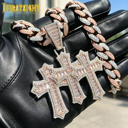 2024 New Iced Out Cross Necklace For Women Men Two Tone Silver Color Cubic Zirconia 3 Cross Pendant Luxury Hip Hop Jewelry