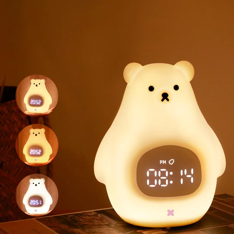 1 big white bear alarm clock, a night light to accompany you to sleep at midnight, with three adjustable modes.