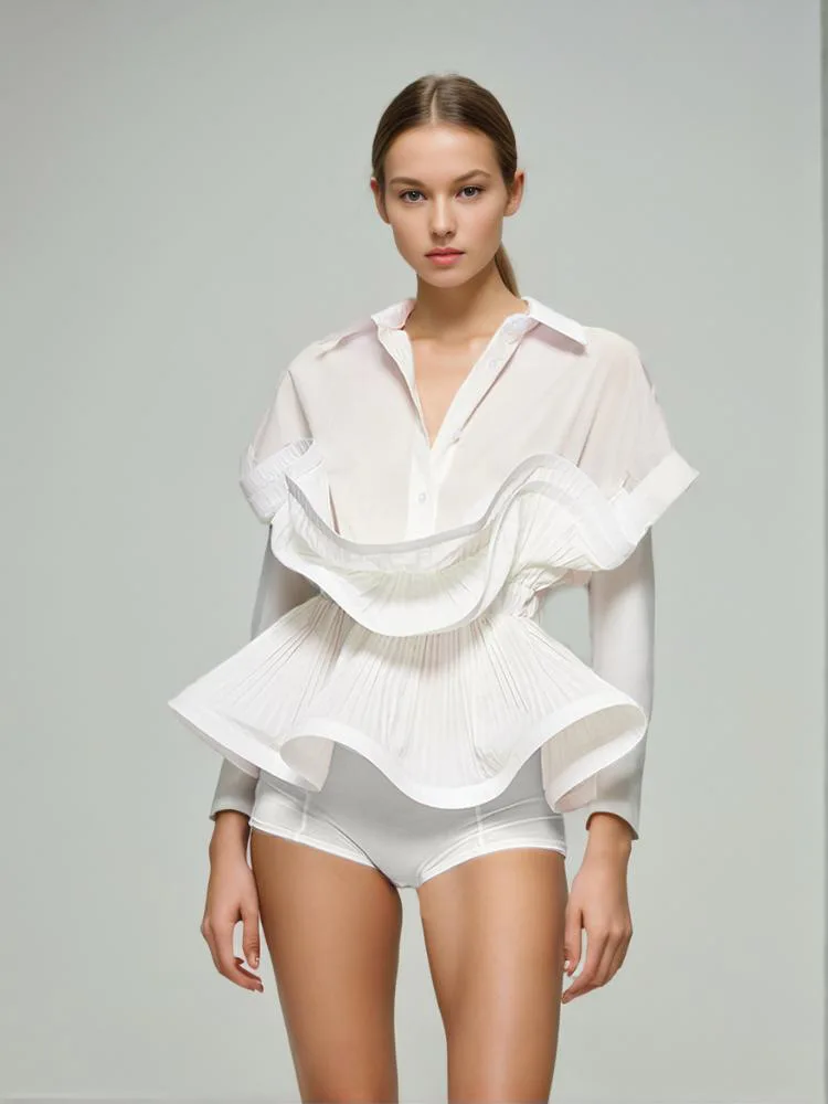 

Women's White Ruffles Ruffles Long Sleeve Shirt Lapel Short Sleeve Ruffles Hem Shirt Elegant Fashion Party Evening Tops 2025