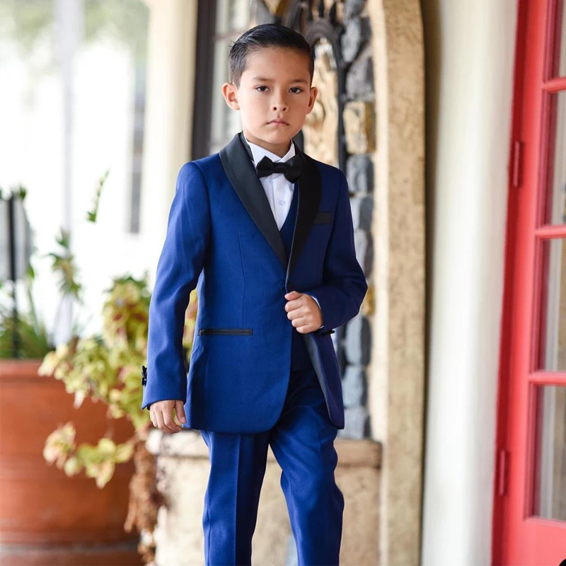 Traje azul real de 3 piezas para niños, traje ajustado a medida, ropa Formal para niños, esmoquin de moda para jóvenes, boda (chaqueta + chaleco + Pantalones)