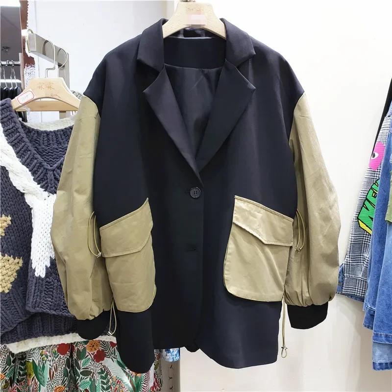 SuperAen Spliced Windbreaker Jacket Street Style Blazer Coat Autumn Clothes New Patchwork Fashion Oversize Jacket