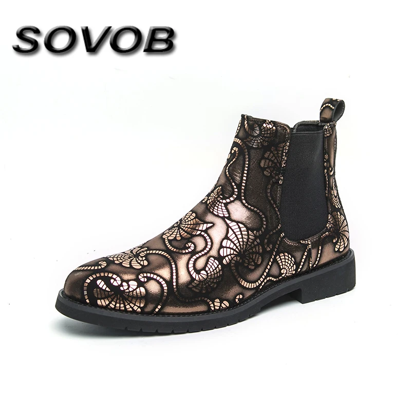 

Vintage Golden Print Men Leather Boots Large Size 38-48 Comfy Slip-On Trend Boots Man Streetwear Designer Chelsea Boots For Men