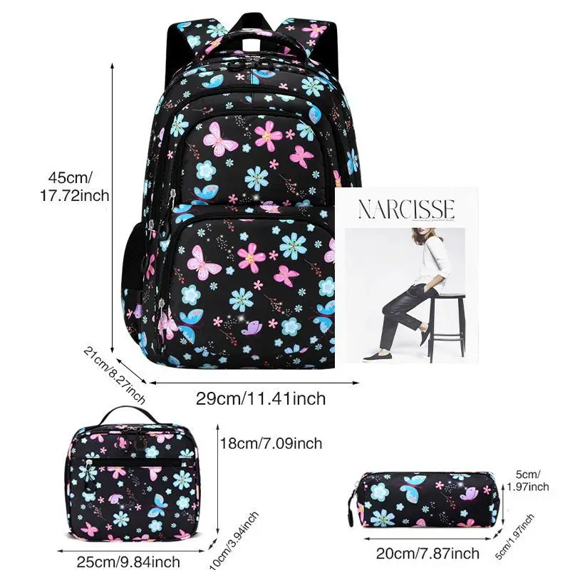3-Piece Kids School Bag Set Butterfly Flower Print Water Resistant Lightweight Backpack With Insulated Lunch Bag Pencil Case view 4