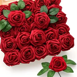 25/10 Uds flores artificiales Rosa roja rosas falsas de aspecto Real con tallo para ramos de boda DIY fiesta Navidad decoraciones para el hogar