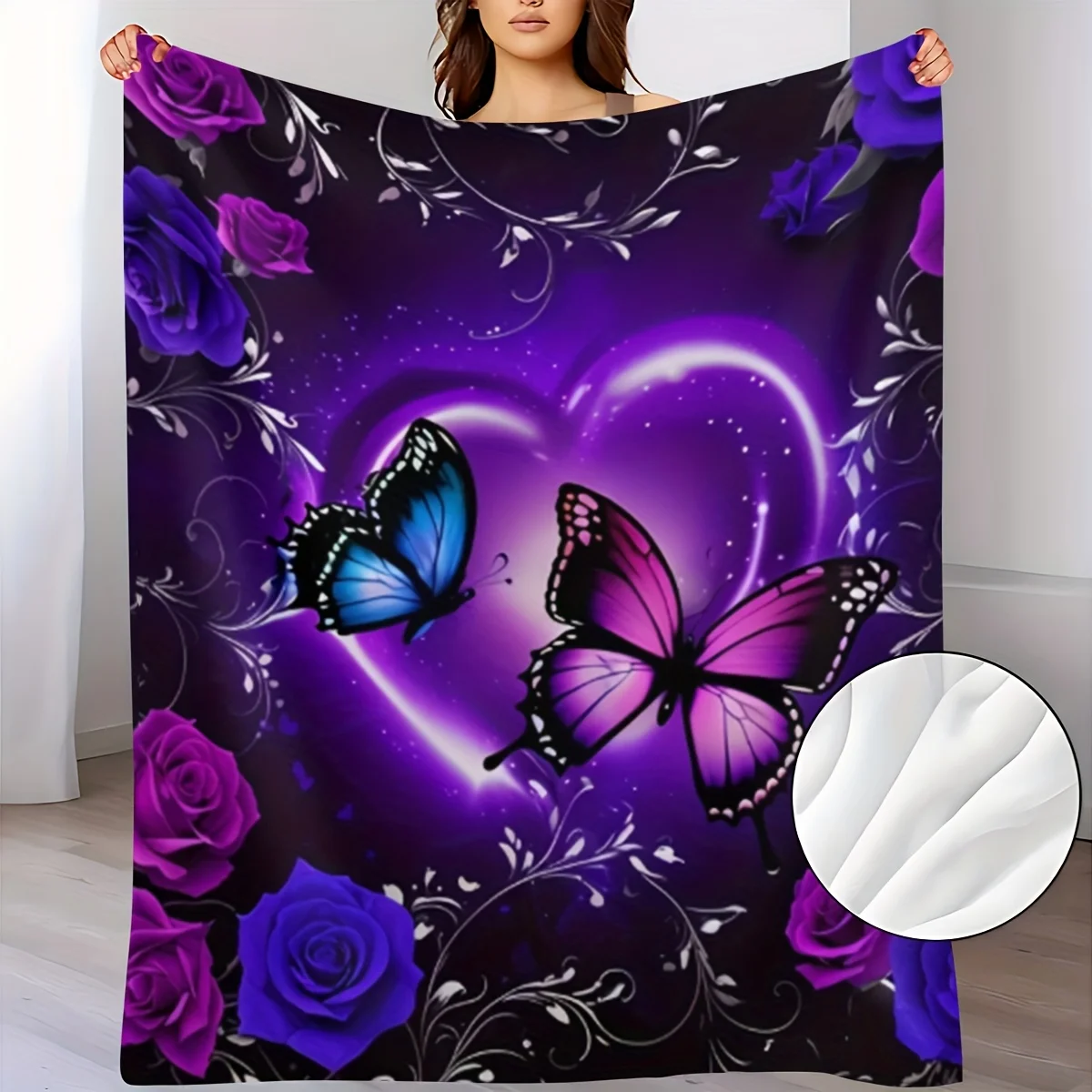 1pc Charming Purple Butterfly Rose Floral Print Flannel Blanket - Soft Warm Tear-Resistant All-Season Home Decor, Perfect Gift f