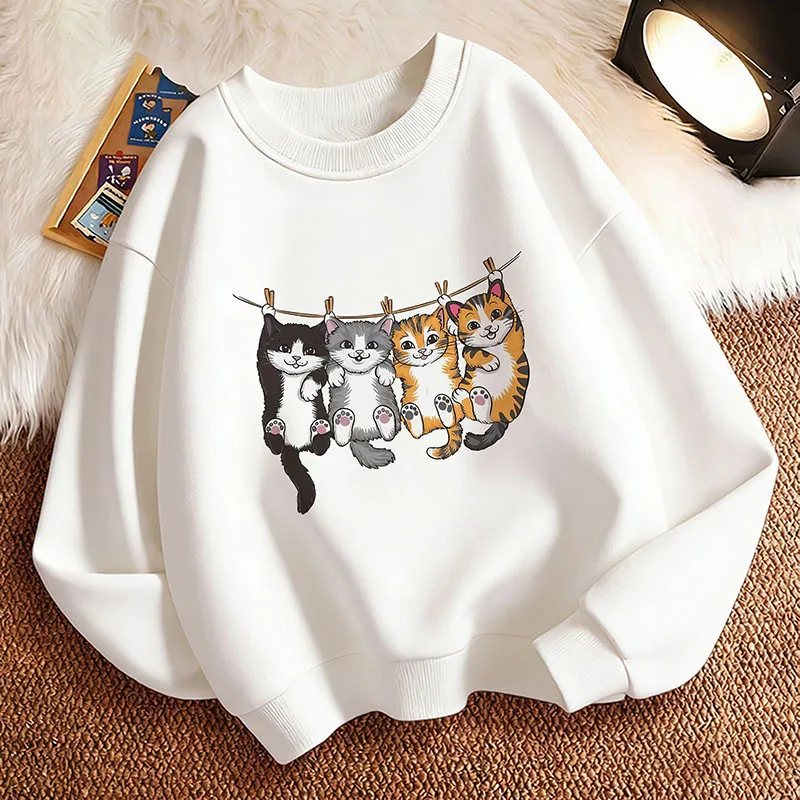 Kawaii Children's Sweatshirt Pullover Spring Funny Climb Cat Design Crew Neck Graphic Print Hoodie Boy/Girl Kids Hoody
