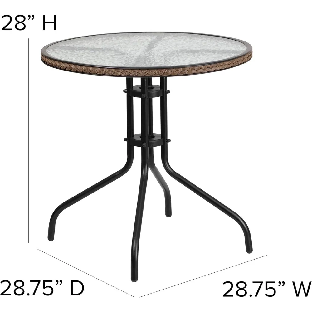 Chair, Equipped With Circular Glass Metal Table And 2 Stackable Rattan Chairs, Indoor/outdoor Tavern Table And Chair Set, Gray