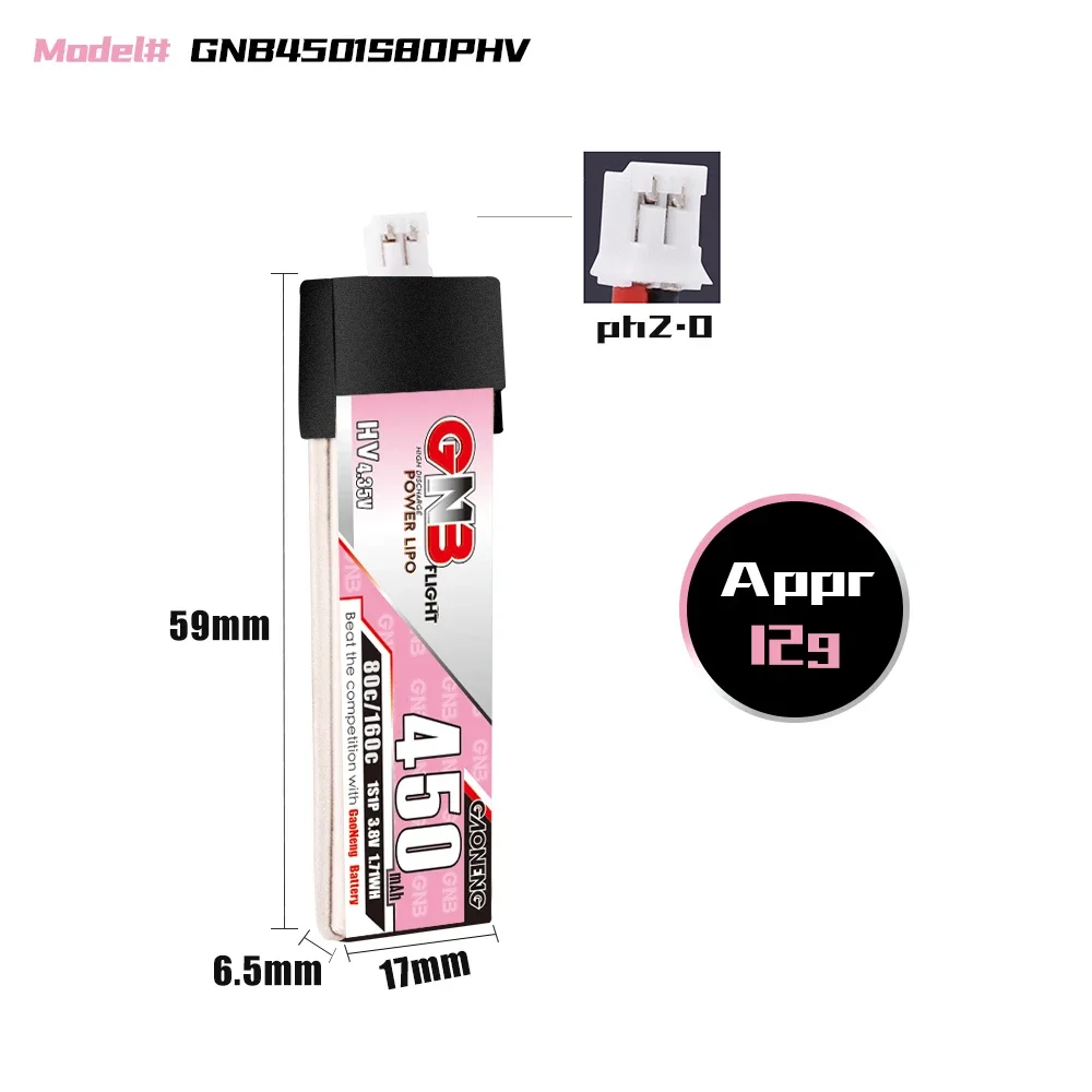 GAONENG GNB 450mAh HV 1S 80C 160C 3.8V Plastic Head PH2.0 LiPo Battery BetaFPV Beta75X Happymodel Mobula6 Mobula7 Snapper