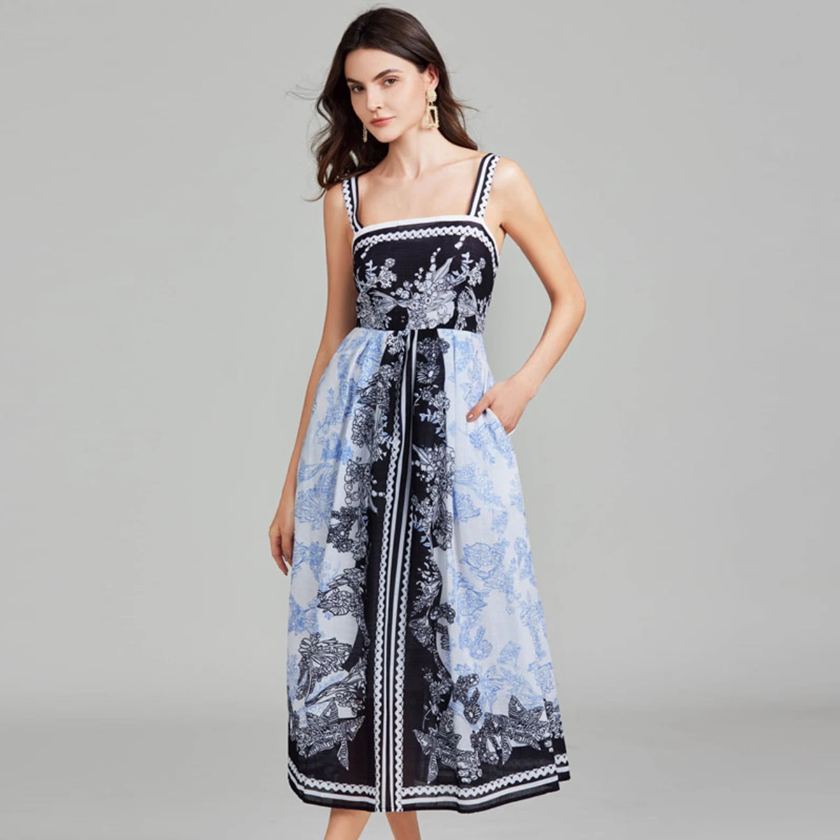 

Summer Women Vintage Designer Print Runway Dress Spaghetti Strap Open Back Long Midi Holiday Party Dresses