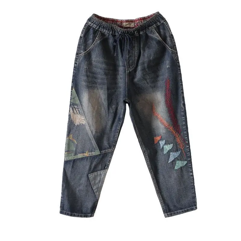 

Female Spring Rotten Jeans Women Loose Thin Color Matching Frayed Trousers Embroidery Straight Cropped Trousers JJ997