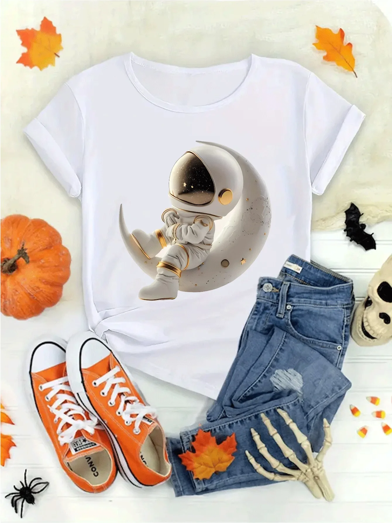 With Crescent Stars Medium-Stretch Polyester Round Casual Summer Women's Astronaut Graphic T-Shirt Space-Themed Print