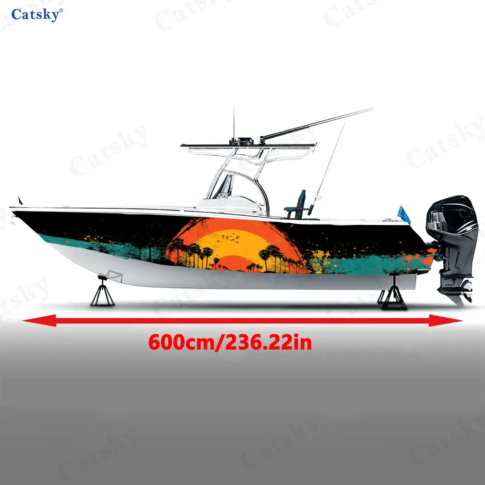 Flame Sea Palm Silhouette Boat Stickers, PVC Waterproof Durable Vinyl Wrap Decals for Fishing Boats, Durable and Stylish Design