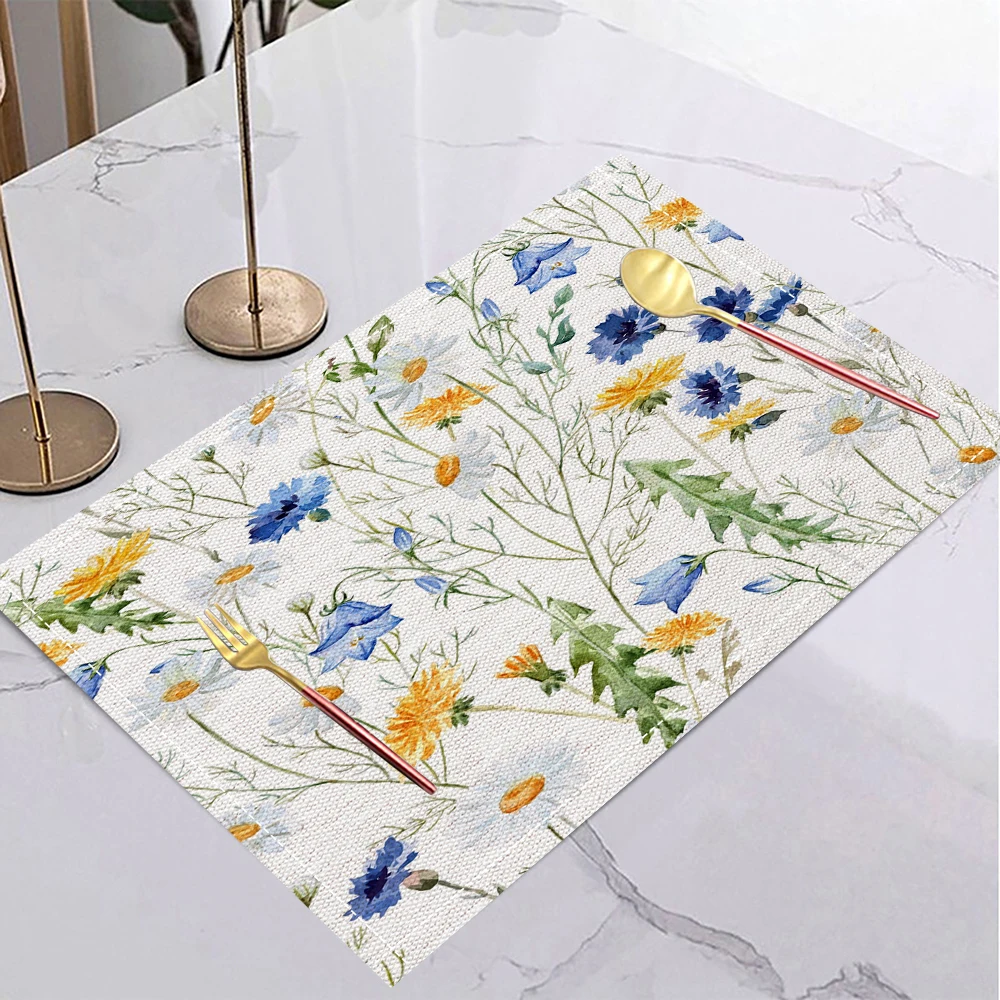 

4/6/8 шт., летний льняной коврик с принтом диких цветов, свежий праздничный коврик для обеденного стола, украшение для свадебной вечеринки, домашнего сбора