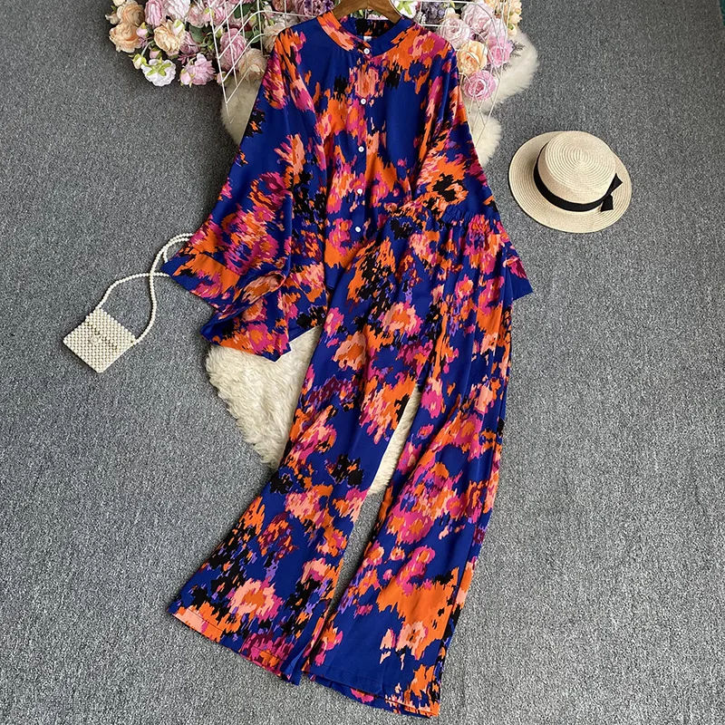 Fashion Loungewear Women Floral Trousers Pajamas Suit Boho Elegant Maxi Shirts Blouses Wide-Leg Pantsuit Female Party Two Pieces