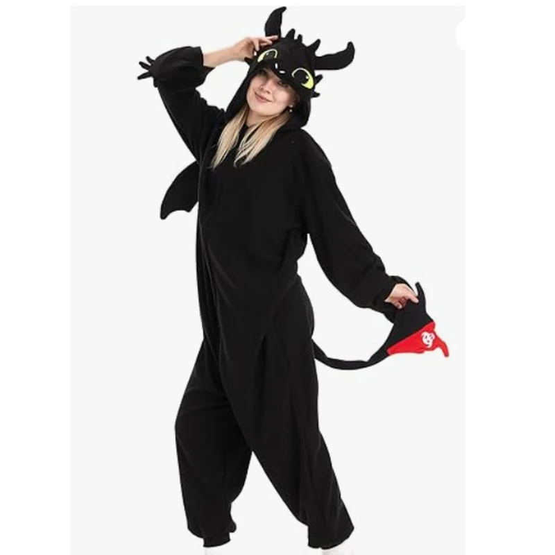 코스프레 핫세일 폴라플리스 만화 동물 결합형 검은 용과 흰 용 잠옷 커플 홈웨어 도매