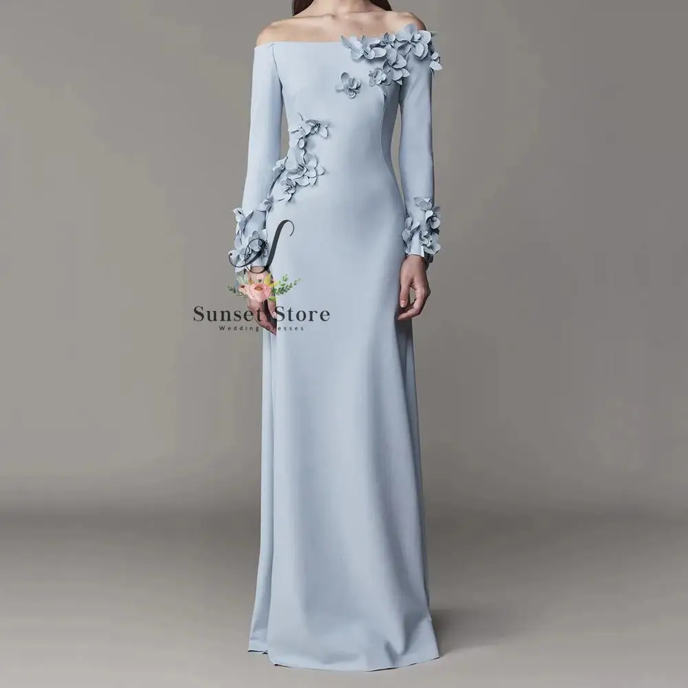

Customized Evening Dresses Floor-length Off The Shoulder Full Sleeve Prom Gown Fashion Flowers Simple Draped Party Gown