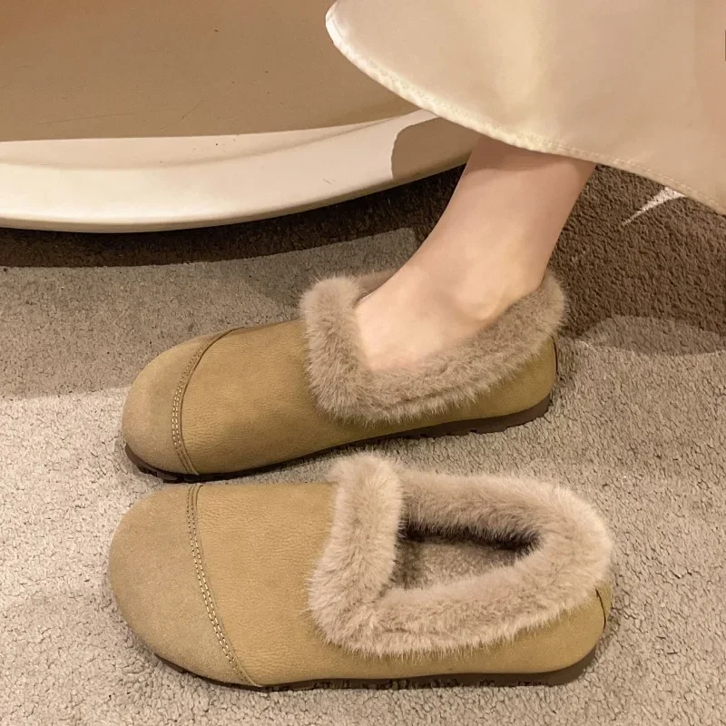 Flat Shoes for Women Fur Cotton Shoes 2024 Winter Casual Female Loafers Round Toe Slip-on Flats New Ladies Moccasin Soft Loafers