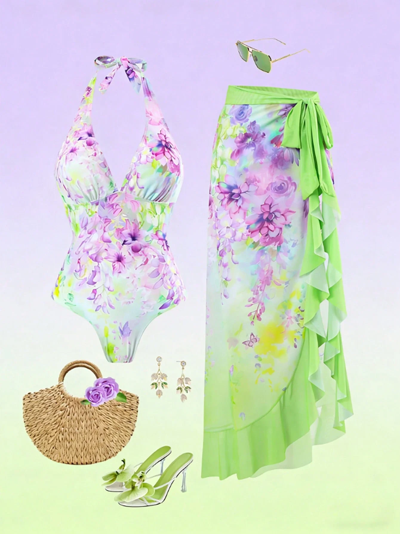 

Floral Halter V-Neck One-Piece Swimsuit With Mesh Skirt Cover Up