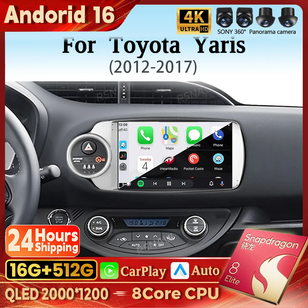 Android 16 Carplay Auto Qualcomm 2K QLED Bildschirm Autoradio für Toyota Yaris 2012-2017 GPS Multimedia Stereo DSP BT 4G Wifi