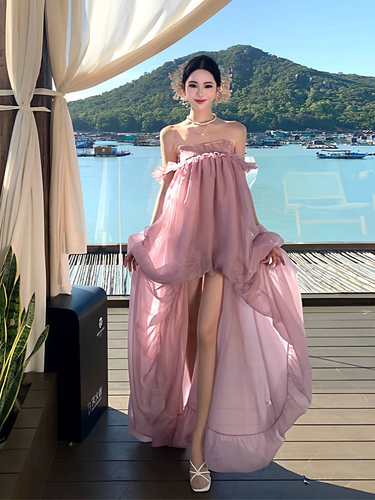 

Stunning Island Beach Dr Unique Design Asymmetrical Hemline to Maxi Skirt Sle Polyester Summer Holiday Dr