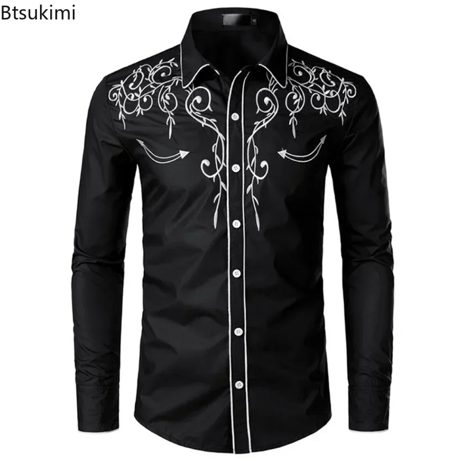 2025 Men's Fashion Embroidered Shirt Western Style Club Party Wedding Long Sleeve Shirts for Men Lapel Single -breasted Shirt