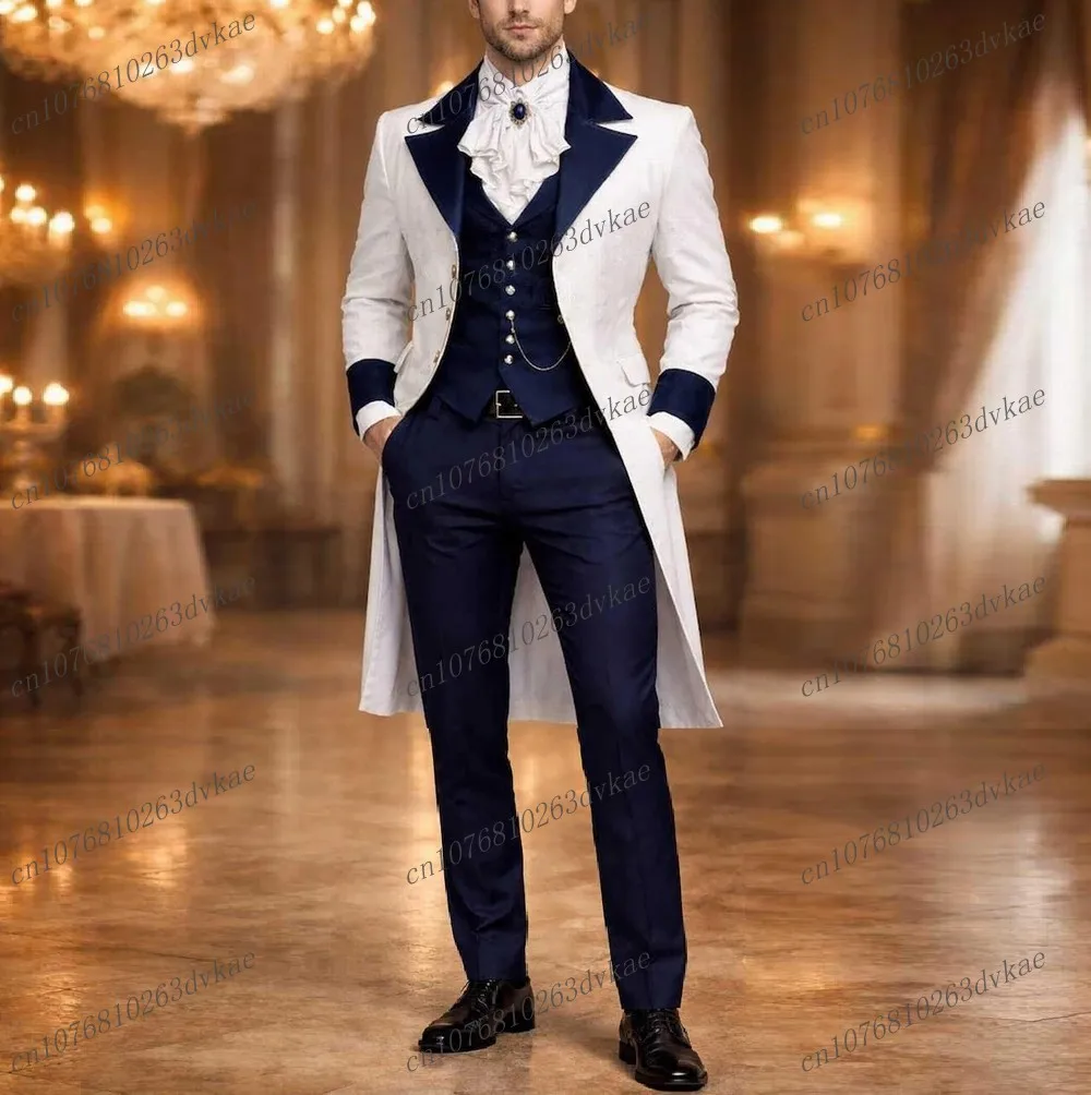 

White Long Blazer And Navy Blue Formal Men Suit Wedding Party Groom Prom Business Male Tuxedos 3 Piece Set Jacket Vest Pants