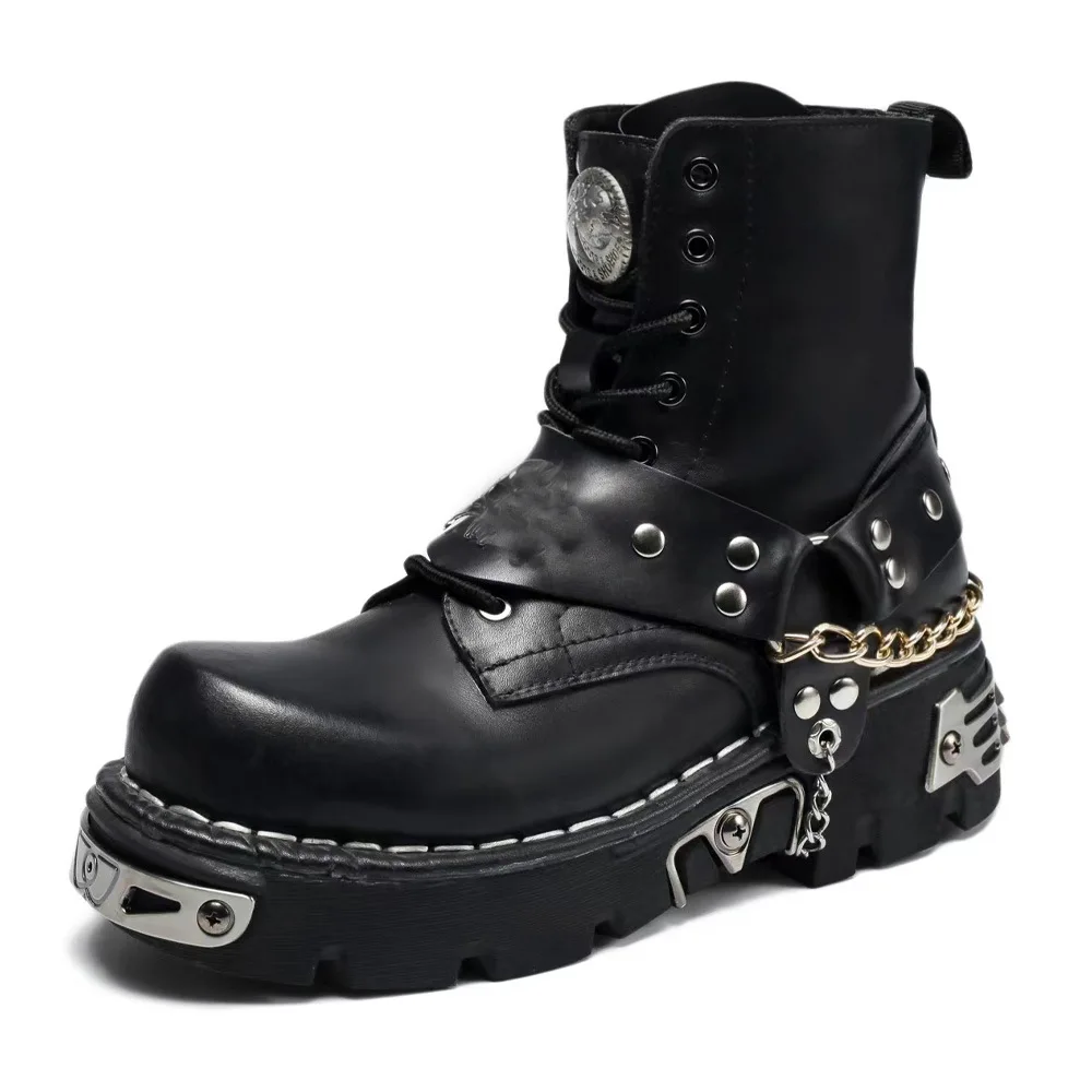 Rivet boots men's leather motorcycle skeleton handmade chain punk short boots women's medium tube metal platform mens boots