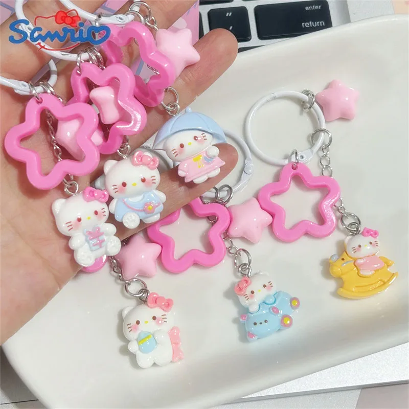 Sweet Pink Hello Kitty Sart Sanrio Model Resin Keychain Kawaii Children Trojan Horse Kitty Pendant Keyring Girls Keychains Gifts