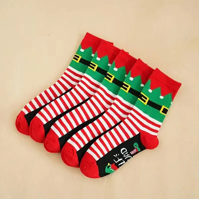 5 Pairs of Personalized and Creative Christmas Elf Team Women's Crew Socks Red and Green Striped Christmas Party Gifts Socks