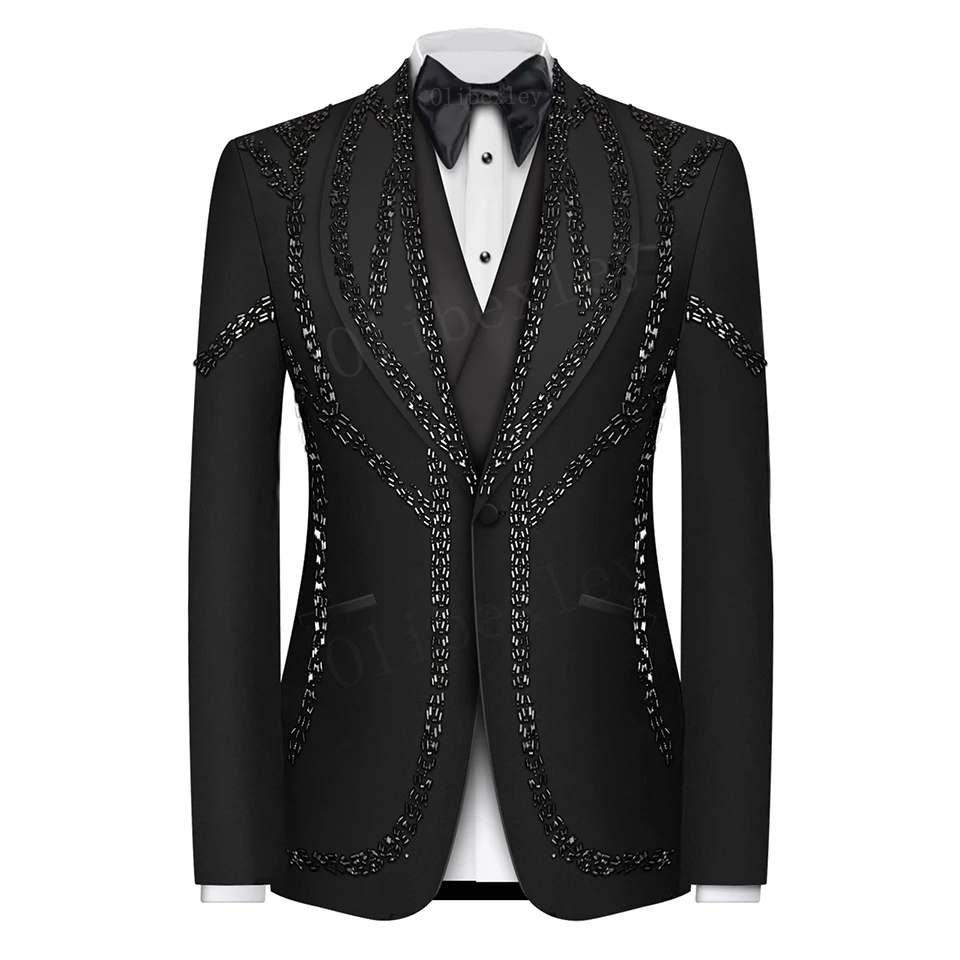 B41 Luxury Black Crystals Men Suits Set 2 Piece Blazer Pants Prom Groom Wedding Tuxedo Formal Office Custom Made Jacket Suits