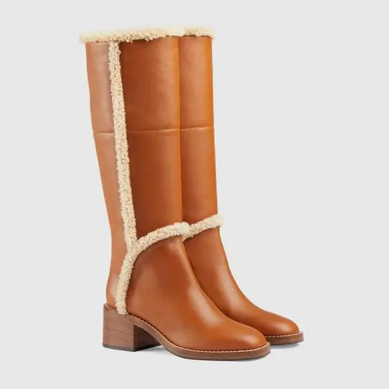 

Leather Warm Fur Knee High Design Boots Lady Round Toe Low Heel Orange Fluffy Boots Winter Show Fashion Women Shoes 2024