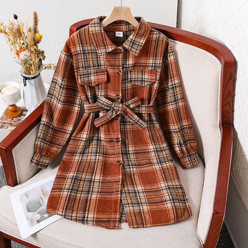 Teen Girls Waist Tie Plaid Dress, Puff Sleeve Lapel Button Front Midi Dress Casual Long Sleeve Autumn Outfit
