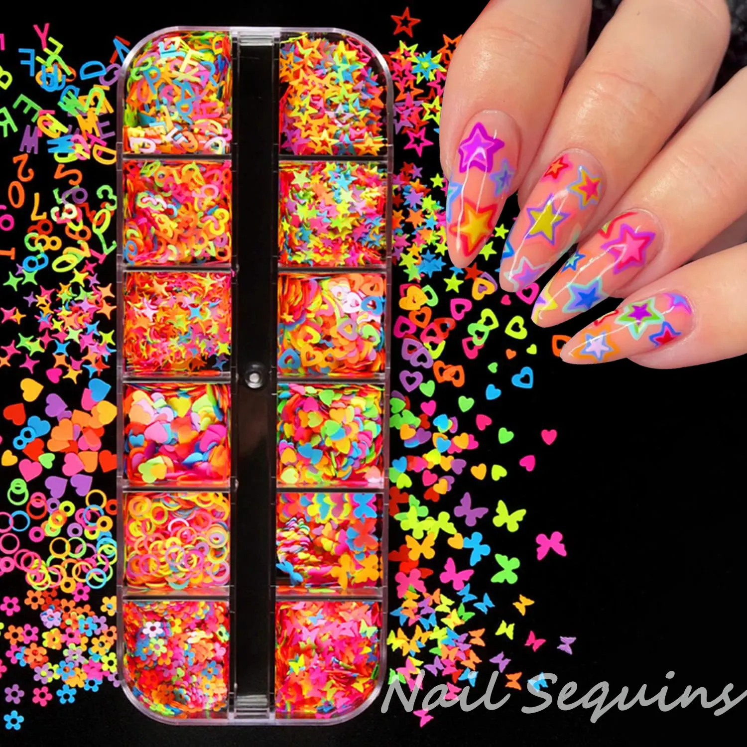 12grids Fluorescent 3D Stars Heart Letters Nail Flakes Butterfly Flowers Neon Nail Art Sequins Manicure Confetti Nails Supplies