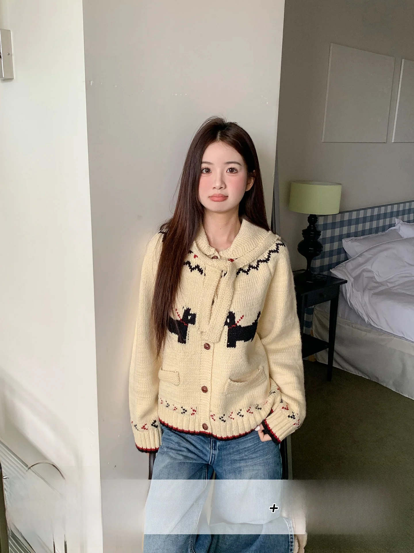 

Retro Fun Dog Print Hooded Knit Sweater Jaet Women's Autumn Winter Slimming Open Cardigan Casual Comfortable Loose Fit