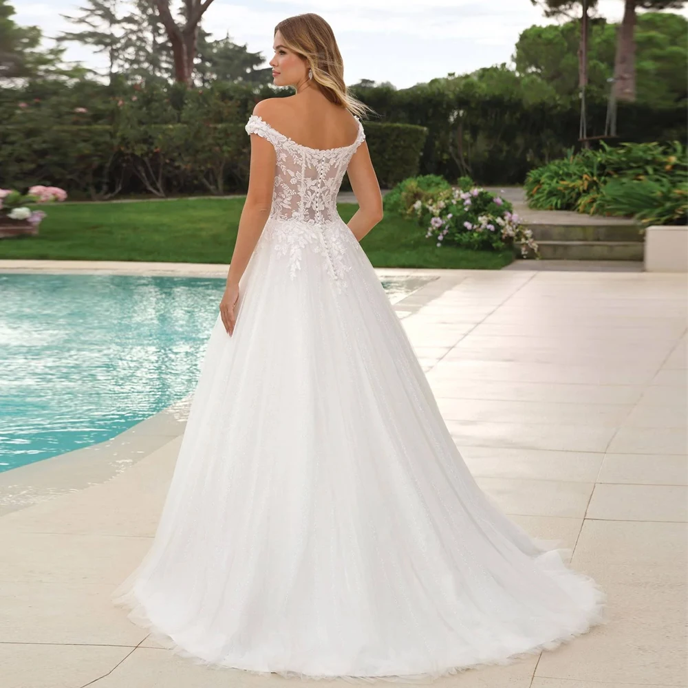 Abiti da sposa personalizzati con spalle scoperte Scollo a V Abiti da sposa con applicazioni in pizzo Illusion Ball Gown Lunghezza pavimento Tulle Vestido de novia