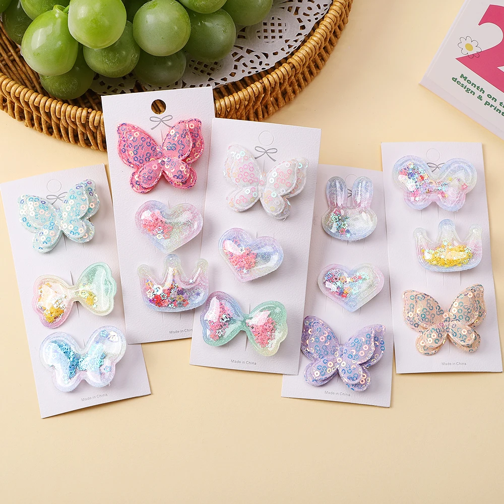 3pcs/set Children\'s Cartoon Hair Clip Set Rabbit Crown Flow Sofa Clip Sequin Butterfly Hairgripes Lovely Girls Hairpins Headwear