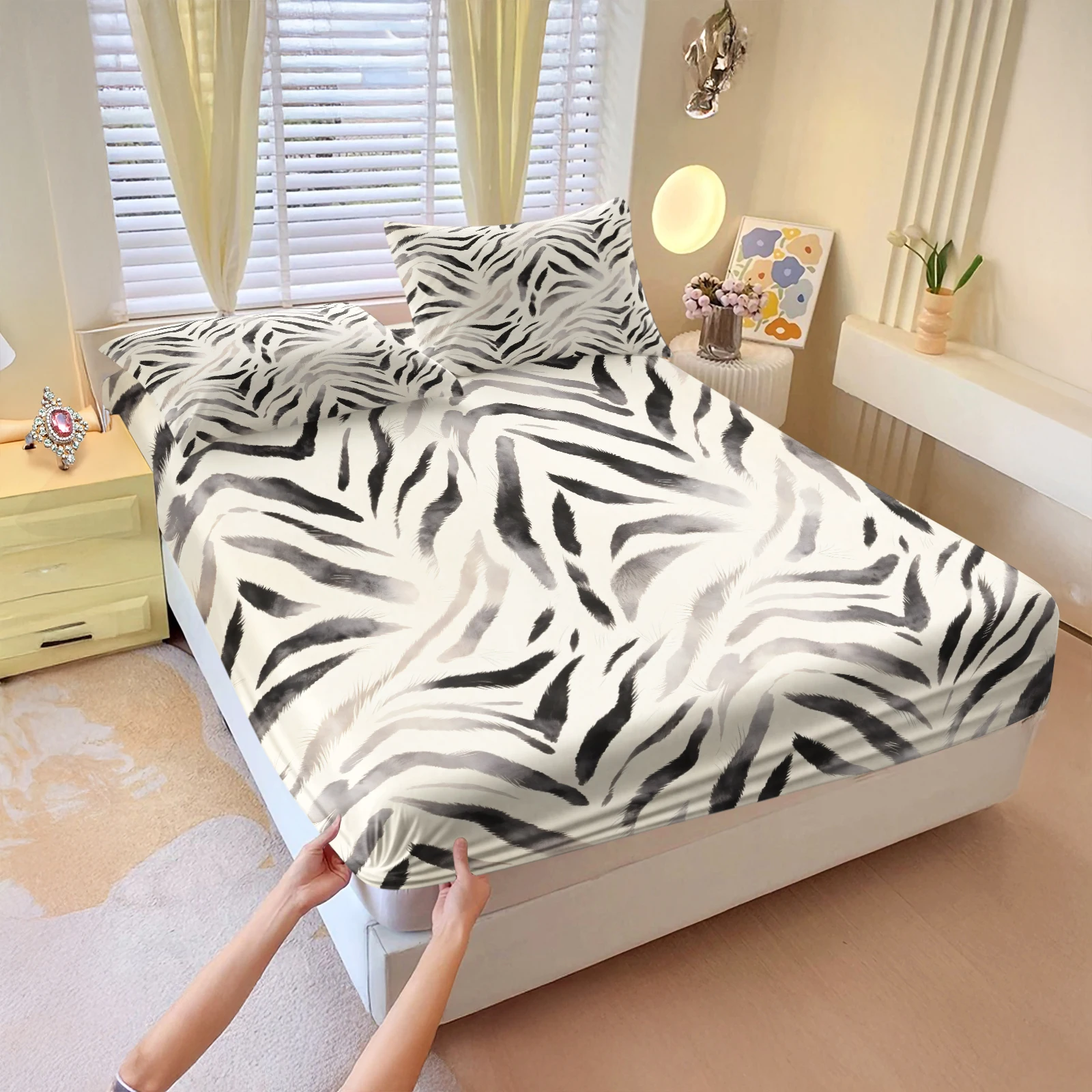 Watercolor Zebra Print Fitted Sheet Set All Around Elastic Non-Slip Mattress Cover Soft Polyester Bed Sheet with Pillowcases