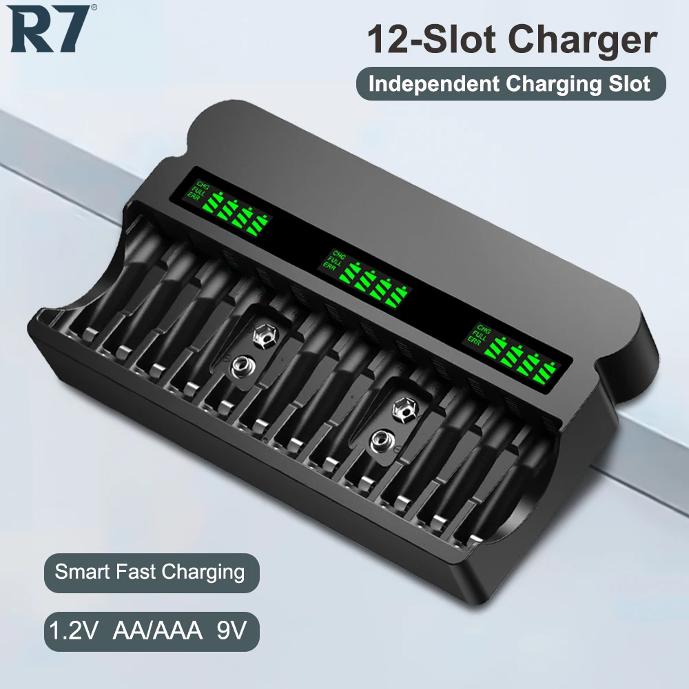 12 Slots 1.2V AA AAA 9V Battery Charger Fast Charge Smart LCD Charger for Ni-MH AA AAA 9V Lithium 9V Rechargeable Battery