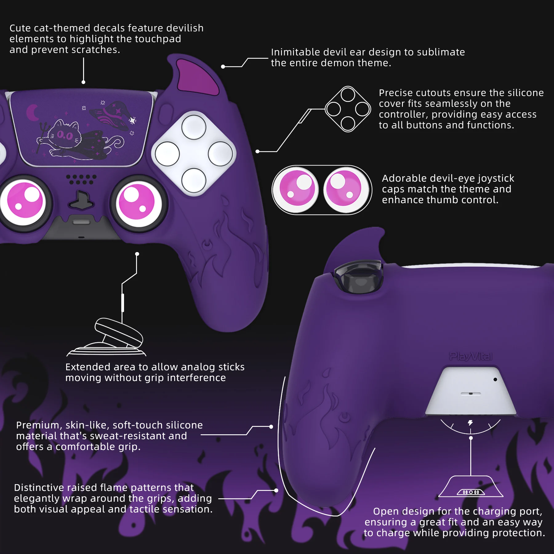 PlayVital Cute Demon Controller Funda de Silicona para ps5, Funda de Controlador Kawaii Protector de Piel para Gamepad para ps5 - Púrpura