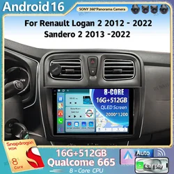 Android 16 For Renault Logan 2 2012 - 2022 Sandero 2 2013 -2022 2K QLED Stereo Car Radio Multimedia Video Player GPS 4G CarPlay