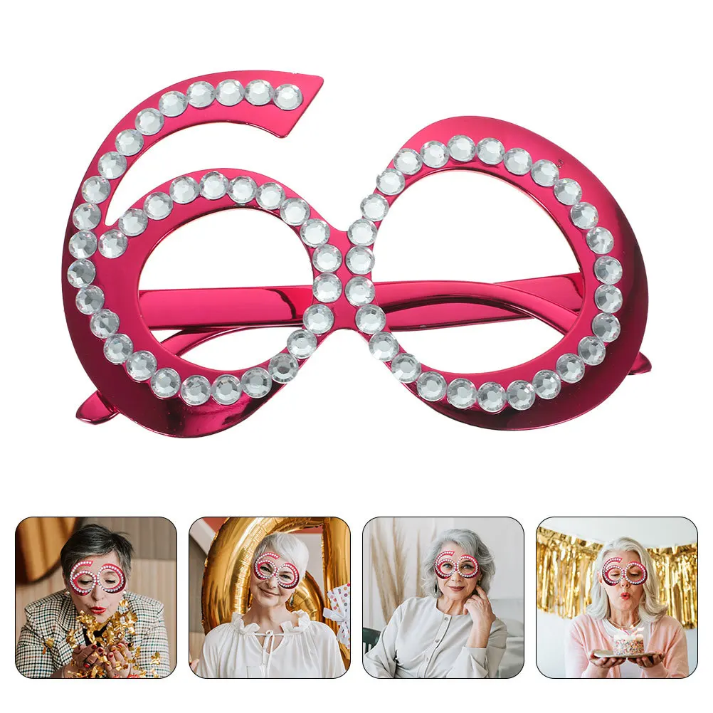 

2pcs 60Th Birthday Glasses Rhinestone Number Eyewear Lightweight Plastic Frame Party Photo Props Reusable Birthday Party